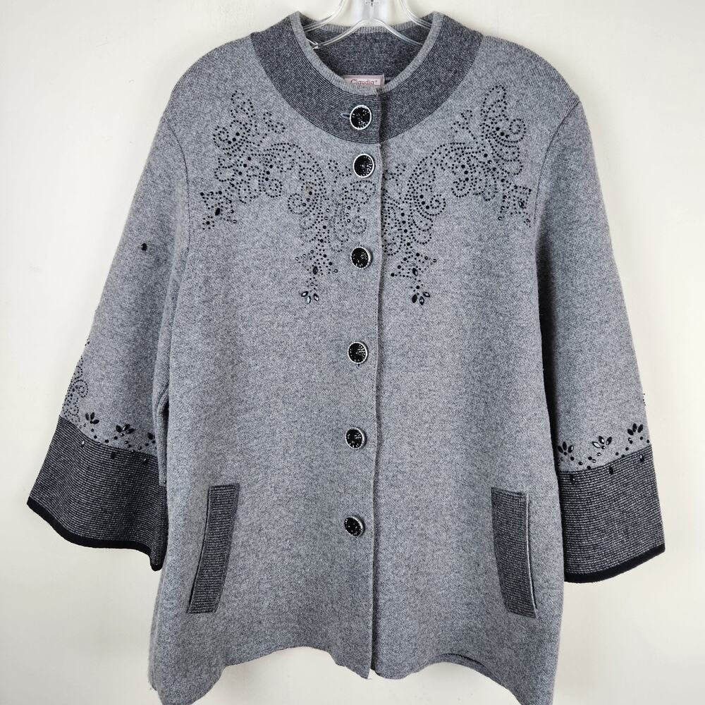 Claudia Made in Turkey Wool Button Sweater Gray Floral Pockets Womens Size XL